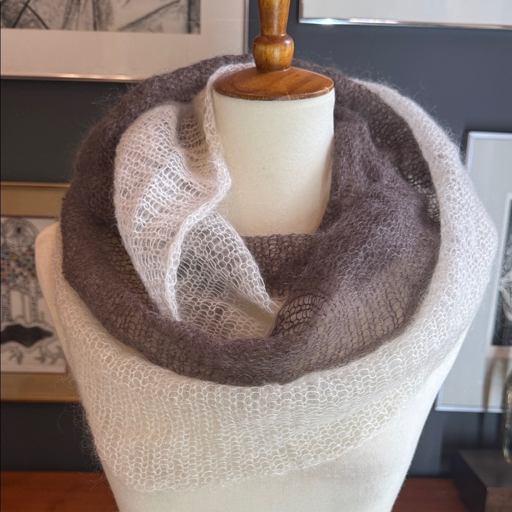 Brown and Cream Knit Scarf silk mohair combo hand knit neutral cowl Rowan yarn
